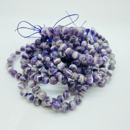 Chevron amethyst bracelet wholesale glossy round beads with mixed lilac purple and white quartz striping