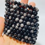 Wholesale silver sheen obsidian bracelet polished black round beads with subtle reflective silver flash